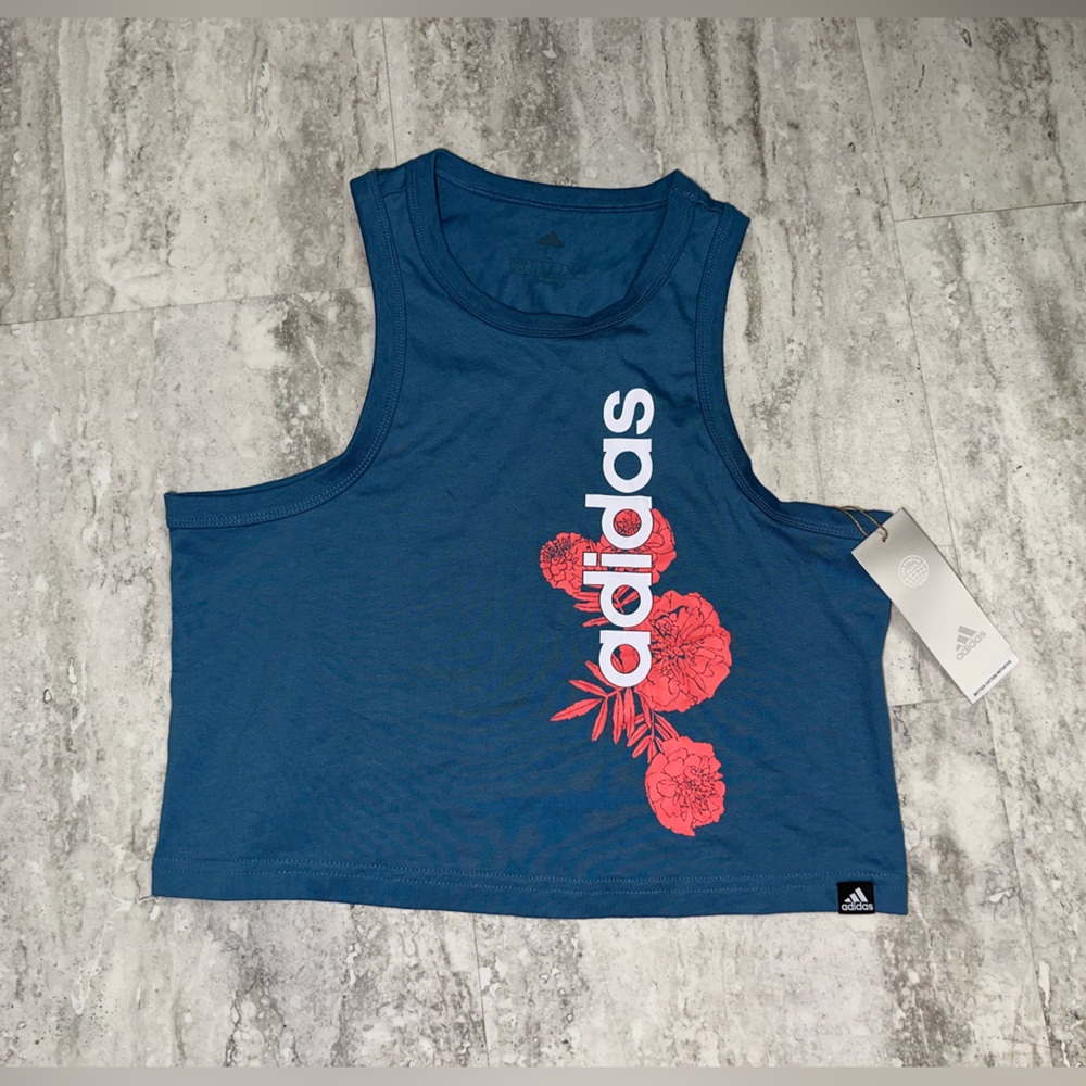 Adidas Floral Graphic Crop Muscle Tank Altered Blue